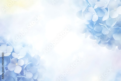 Soft focus blue hydrangea blossoms create a delicate and dreamy floral background