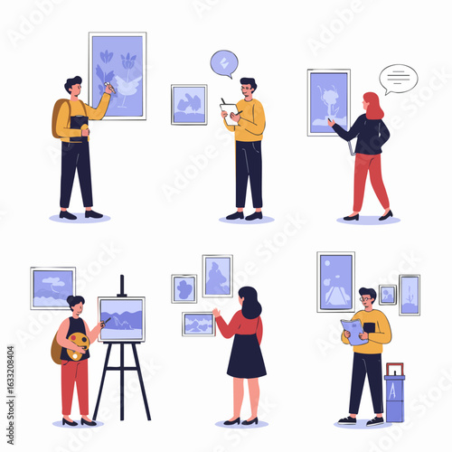 Art gallery visitors, artists, and students appreciating, drawing, and painting artworks, representing creativity, education, and cultural exploration.