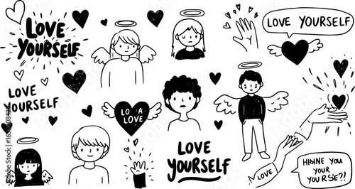 Collection of empowering black and white hand-drawn doodles, emphasizing self-love and mental well-being with angels, hearts, and 'Love Yourself' messages.