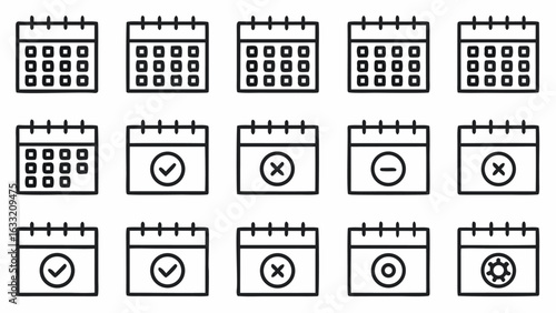 Set of simple calendar icons with various symbols and date displays in black line art