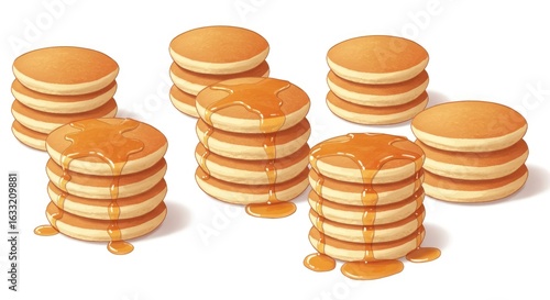 Delicious Pancake Stacks with Dripping Syrup, Cartoon Style Illustration on White Background