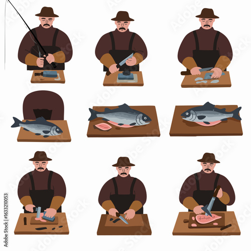 Step-by-step guide to fish preparation: catching, cleaning, filleting, and smoking process illustration.