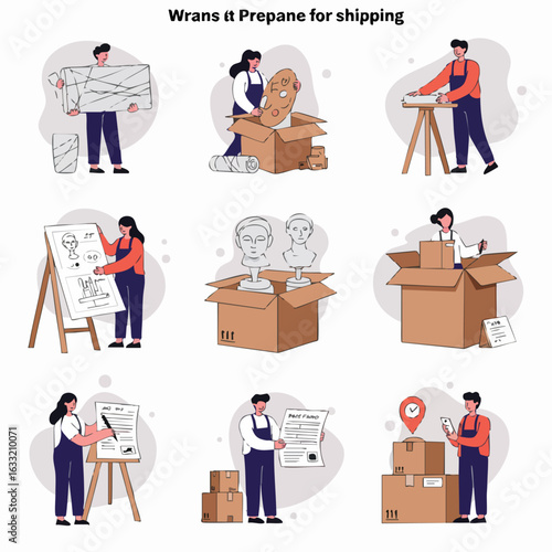People packing and preparing various items, including art, for shipping and delivery, showcasing the process of safe handling and logistics.