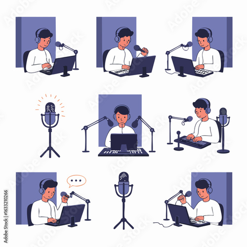Diverse Podcasting and Radio Broadcasting Illustrations: Young Man Creating Audio Content with Microphones, Laptops, and Studio Equipment for Digital Media