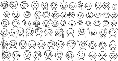 Diverse Hand-Drawn Cartoon Faces Collection Illustrating a Wide Spectrum of Human Emotions: Happy, Sad, Angry, Surprised, Confused, Scared, and Neutral Expressions