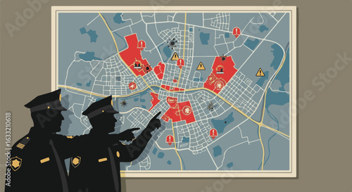 Law enforcement officials planning a tactical response, pointing at a city crime map. Security strategy and investigation concept illustration.