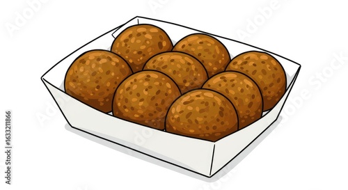 Falafel Balls in a Takeout Box, Middle Eastern Cuisine, Cartoon Style Illustration