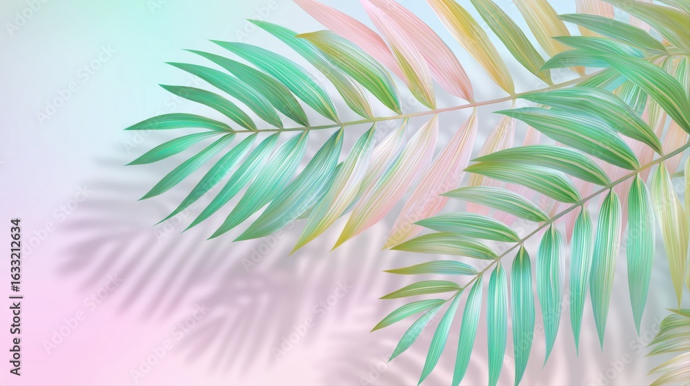 Fototapeta premium gradient pastel background with palm leaves. A modern banner template for advertising beauty products