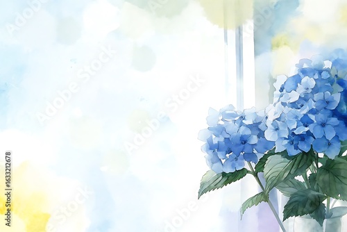 Softly lit blue hydrangea blossoms gently illuminated by natural light near a window