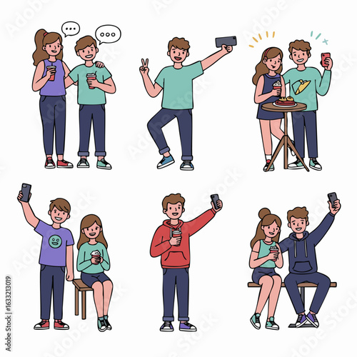 Modern youth lifestyle concept featuring various scenes of young people socialising, chatting, taking selfies, and interacting with smartphones.