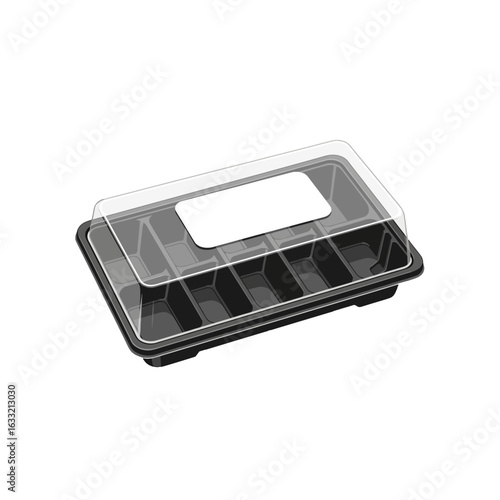 Black plastic food container with a clear lid and dividers, ideal for takeout or individual servings.
