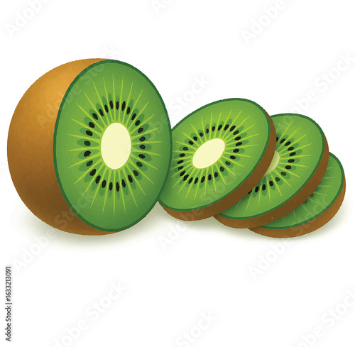 Freshly sliced green kiwi fruit with black seeds isolated on a white background