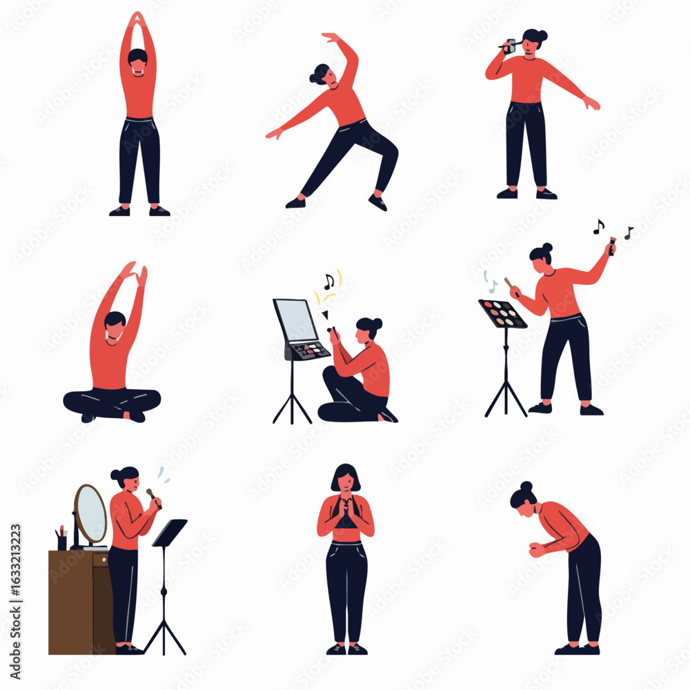 Fototapeta premium Illustrations of a person engaging in diverse activities: creative pursuits, self-care, performance, and well-being.