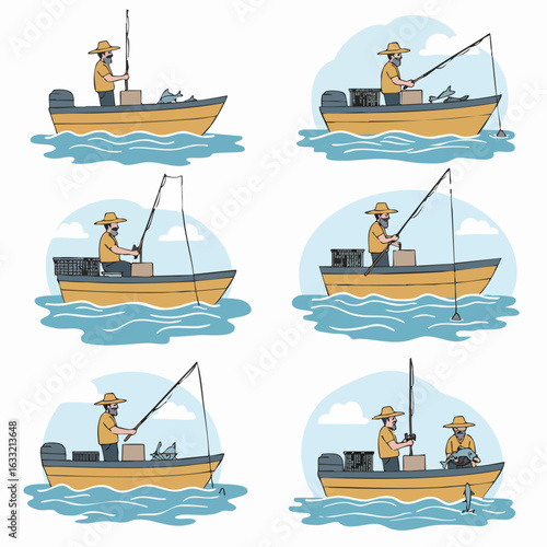 Man fishing from a boat: an illustrated sequence of catching fish on the water.