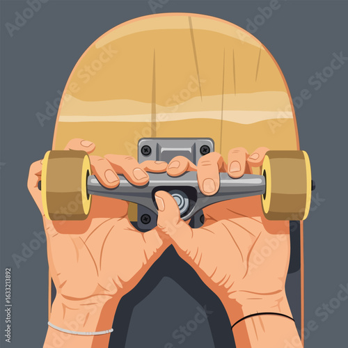 Holding Skateboard Truck and Wheels with Hands Ready to Ride