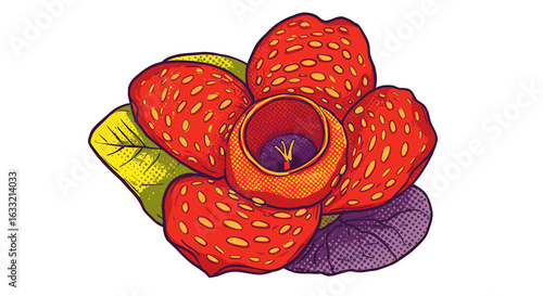 Vibrant botanical illustration of an exotic Rafflesia flower. Tropical jungle plant art on an isolated white background.