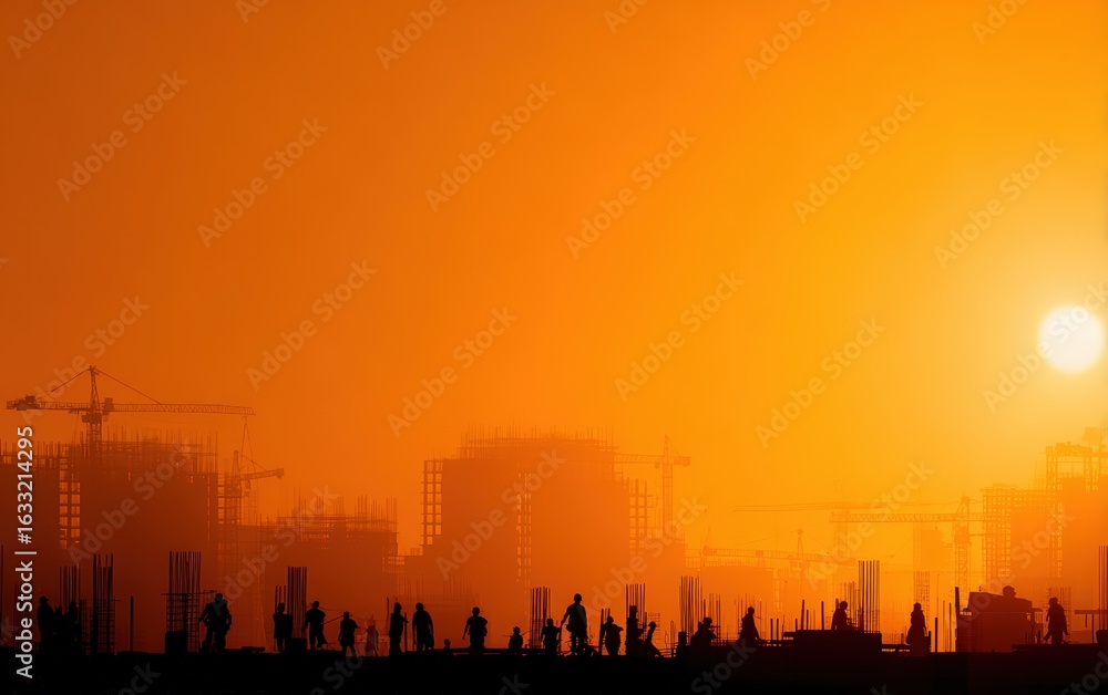 Fototapeta premium Silhouettes of construction workers building skyscrapers at sunset, with cranes and orange sky