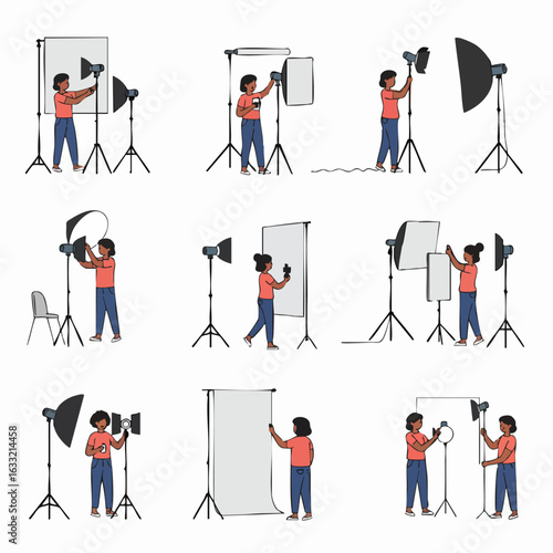 Illustrations showcasing a person setting up various photography studio equipment, including lights, softboxes, and backdrops, for a professional photo shoot.
