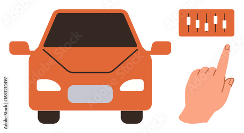 Orange car front view and hand adjusting control panel with sliders. Ideal for automotive industry, customization, technology, control, innovation, user interface, transportation. Simple flat