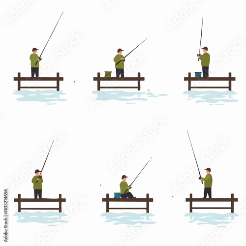 Various illustrations of a man fishing from a wooden pier, depicting different stages and poses of the angling hobby.