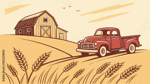 Vintage red pickup truck on farm with barn and wheat field vector graphic illustration design asset