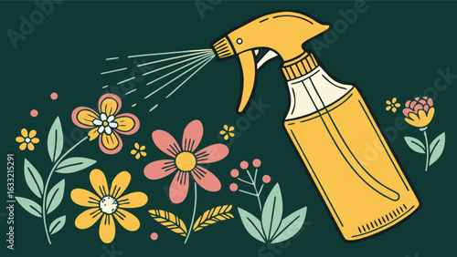 Cleaning spray bottle with floral elements vector illustration for spring cleaning and home care products