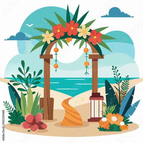 Tropical beach wedding arch with flowers and ocean view isolated on white background