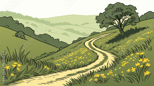 Winding dirt road through green hills landscape with yellow flowers and tree scenic nature illustration