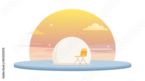 Minimalist sunset landscape with chair vector illustration for meditation and relaxation scene concept
