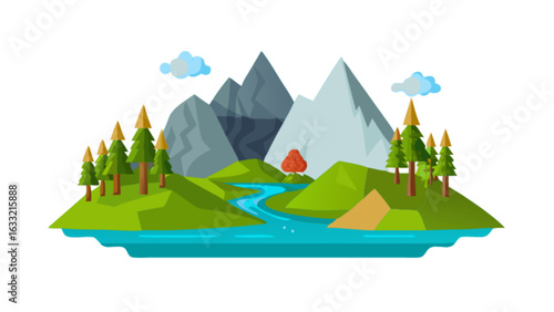 Explore the beautiful mountain landscape with river, trees, and clouds in this scenic nature illustration