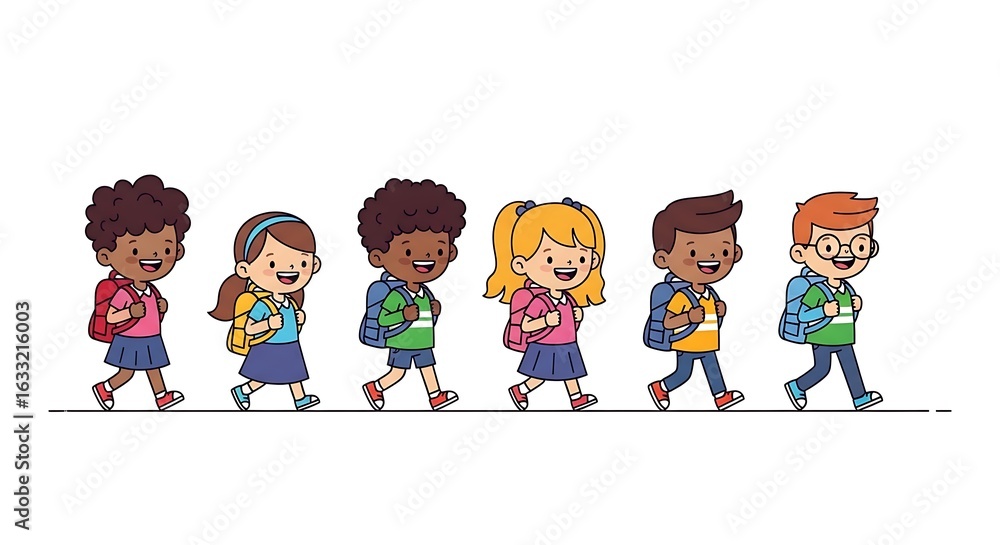 Fototapeta premium Happy Kids Going to School – Flat Vector Illustration