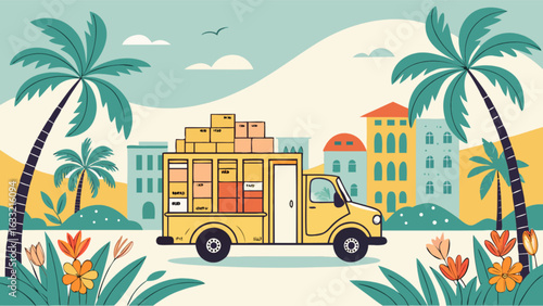Delivery truck moving boxes in tropical city landscape vector illustration for logistics and shipping company