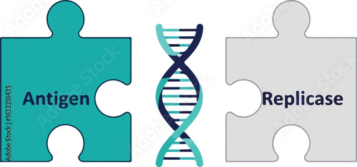 Genetic engineering puzzle concept with antigen and replicase. A scientific vector illustration of DNA-based biotechnology and medicine.