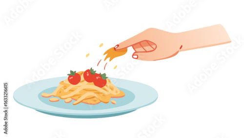 Delicious pasta recipe with tomatoes and parmesan cheese being grated for a tasty italian dish meal prep