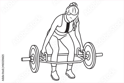 Minimalistic black and white outline vector of a fit woman performing a hex bar deadlift in a gym. Perfect for fitness posters, gym logos, workout illustrations, or training program designs. 
