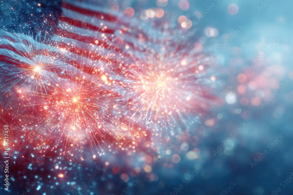 Fototapeta premium Bright fireworks bursting over a softly blurred United States flag, celebrating the vibrant spirit of the 4th of July holiday