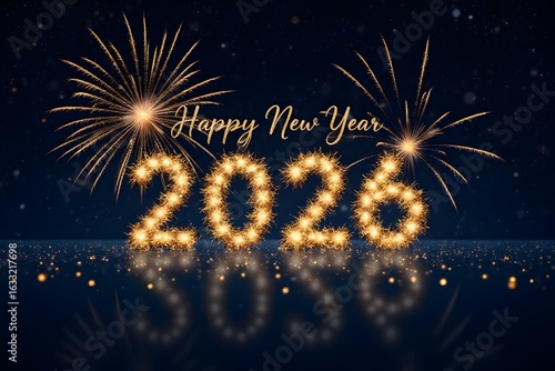 Happy New Year 2026. Beautiful creative holiday web banner or flyer with Golden firework and sparkling number 2026 on night blue sky background