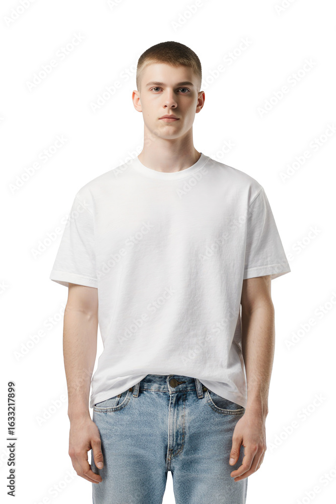 Fototapeta premium Young man wearing white t-shirt and blue jeans, isolated on transparent background