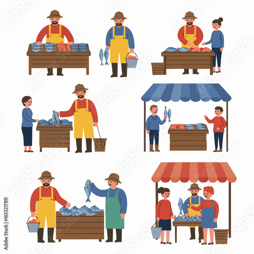 Illustrations of diverse characters at a fish market, featuring fishermen, vendors, and customers engaged in selling and buying fresh seafood.