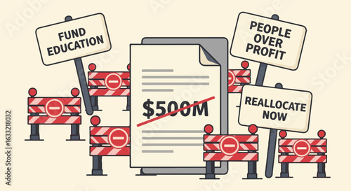 Citizens protest demanding budget reallocation now. Signs call to fund education and prioritize people over profit.