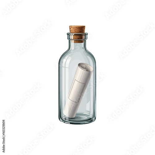 A rolled-up message inside a clear glass bottle sealed with a cork.