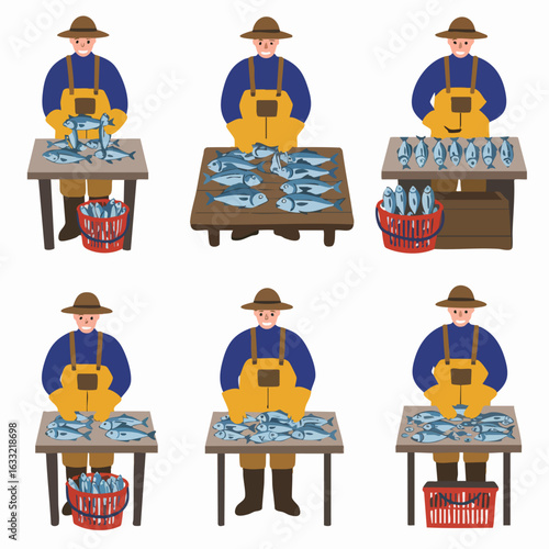 Collection of flat illustrations showing a smiling fisherman sorting and selling fresh fish at various market stands.