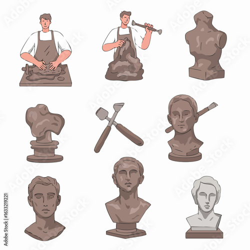 Illustrations of a male sculptor creating busts from clay, showcasing the artistic process and various finished sculptures with tools.
