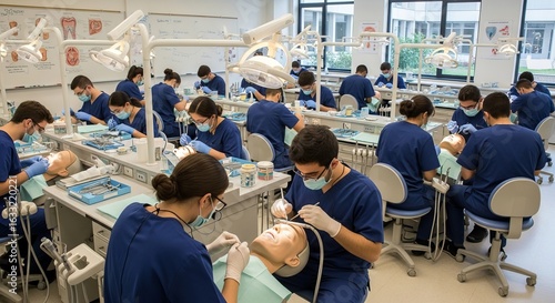 Dental school students practicing dentistry on mannequins in a classroom setting for their education