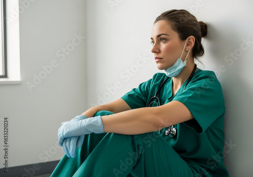 Exhausted Medical Professional Resting, Wearing Scrubs and Mask.