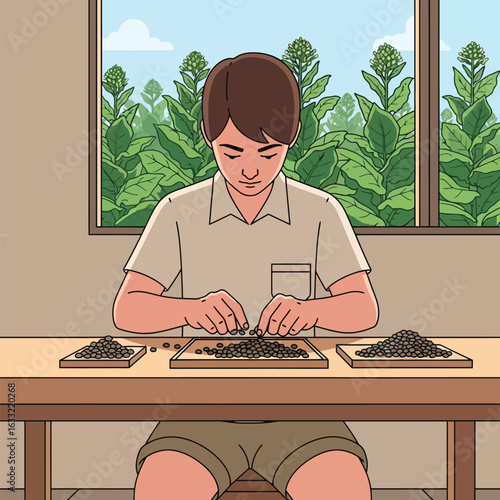 Person Sorting Plant Seeds Inside with Field View From Window