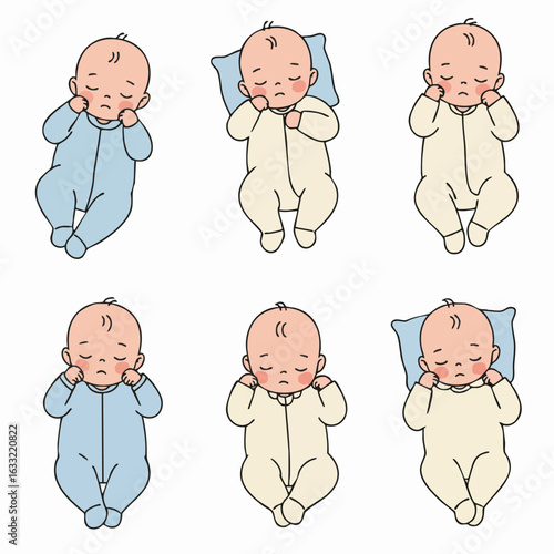 Collection of adorable cartoon baby illustrations sleeping peacefully in various positions, perfect for children's designs and gentle themes.