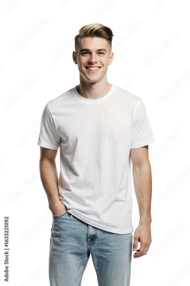 Young man wearing white t-shirt and blue jeans, isolated on transparent background Young man wearing white t-shirt and blue jeans, isolated on transparent background