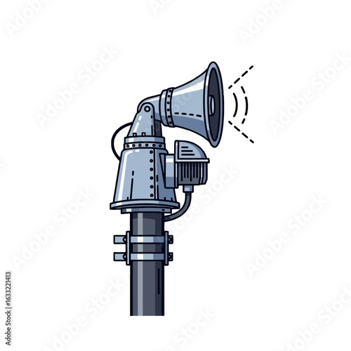 Illustration of a metal air raid siren mounted on a pole, emitting sound waves.