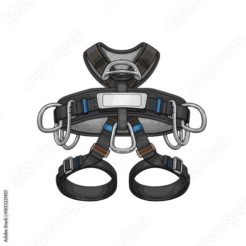 Black safety harness, detailed illustration, for climbing or industrial use.